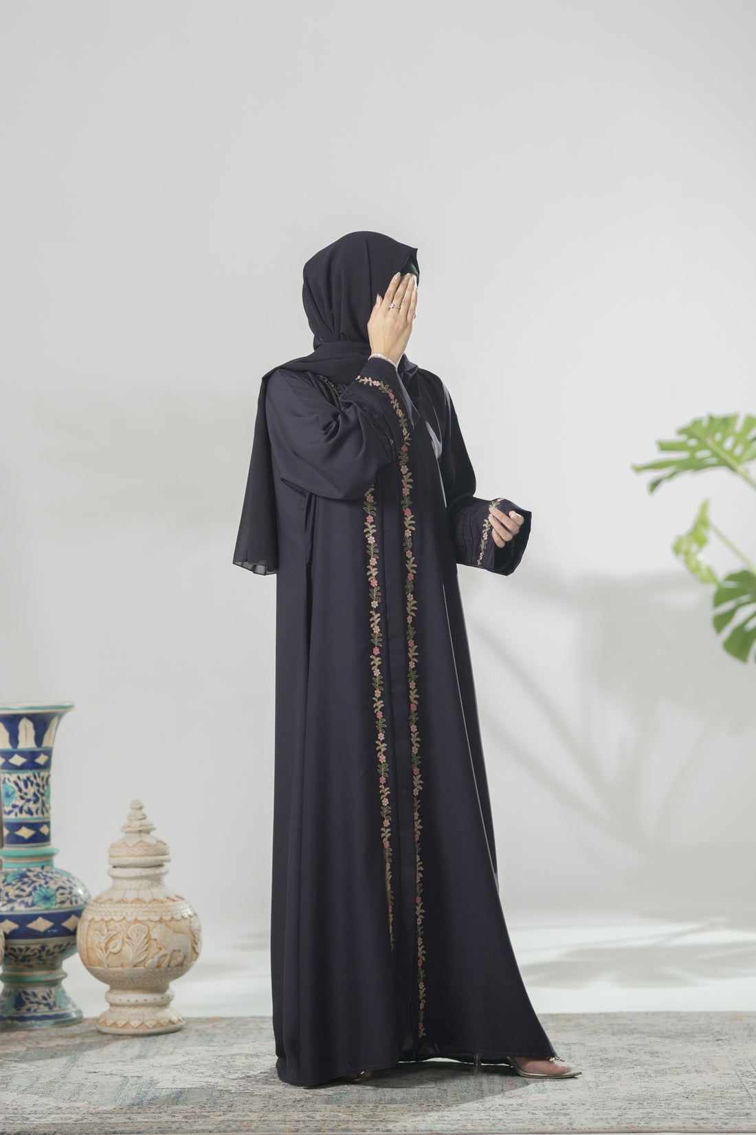 Deep purple embroidered nida abaya