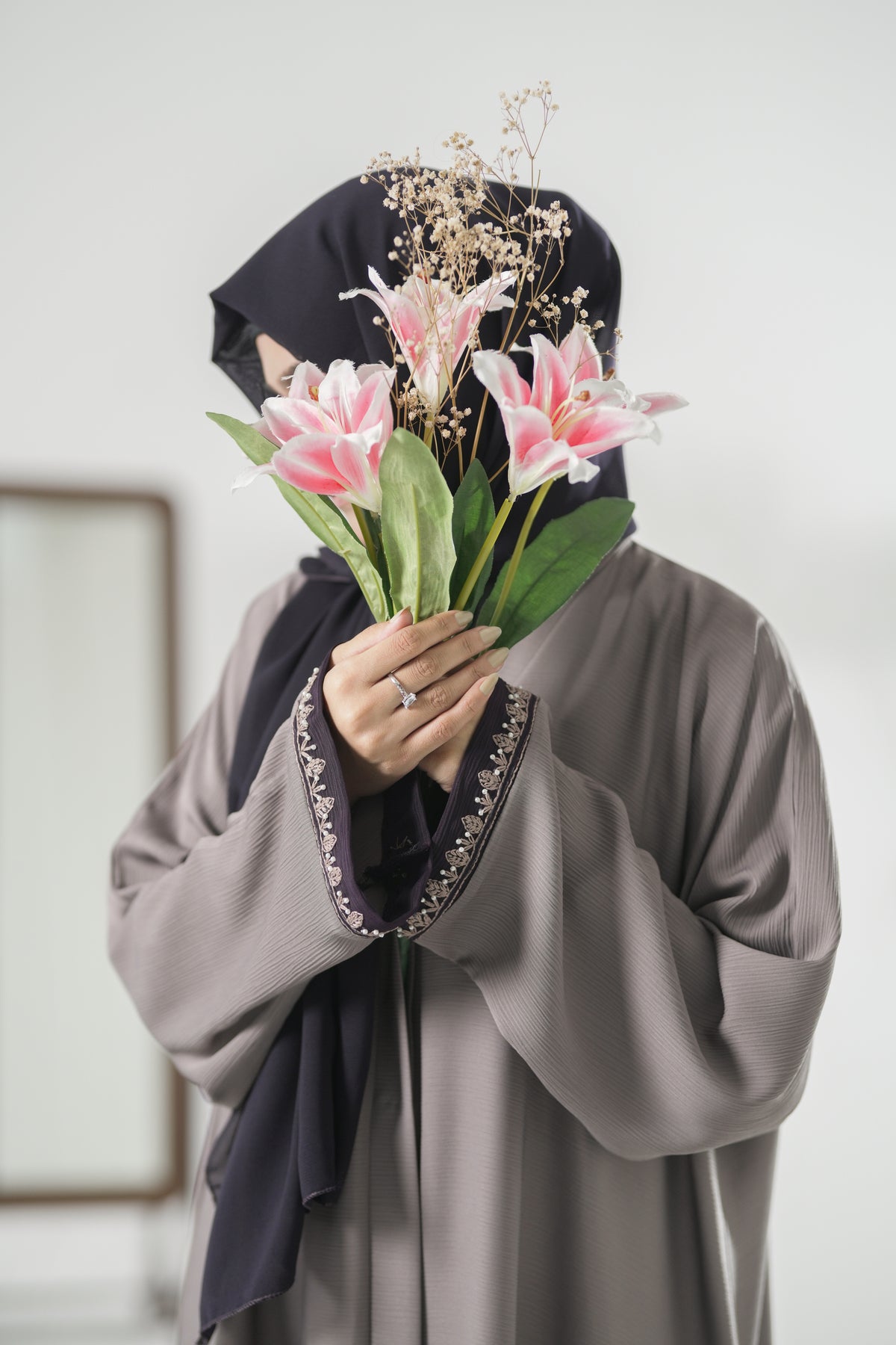 Purple and Grey Zoom Nida Premium Abaya with Embroidery