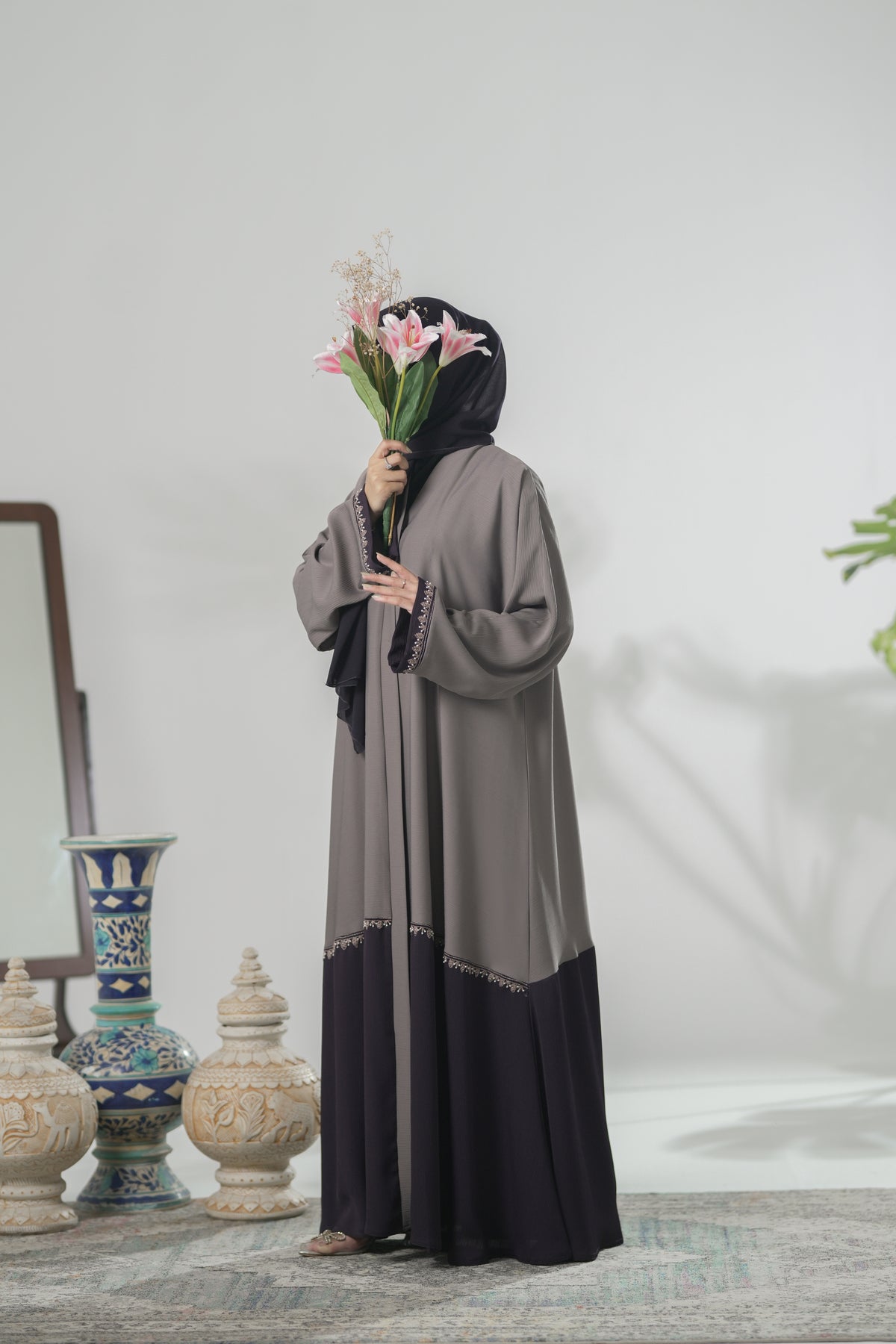 Purple and Grey Zoom Nida Premium Abaya with Embroidery