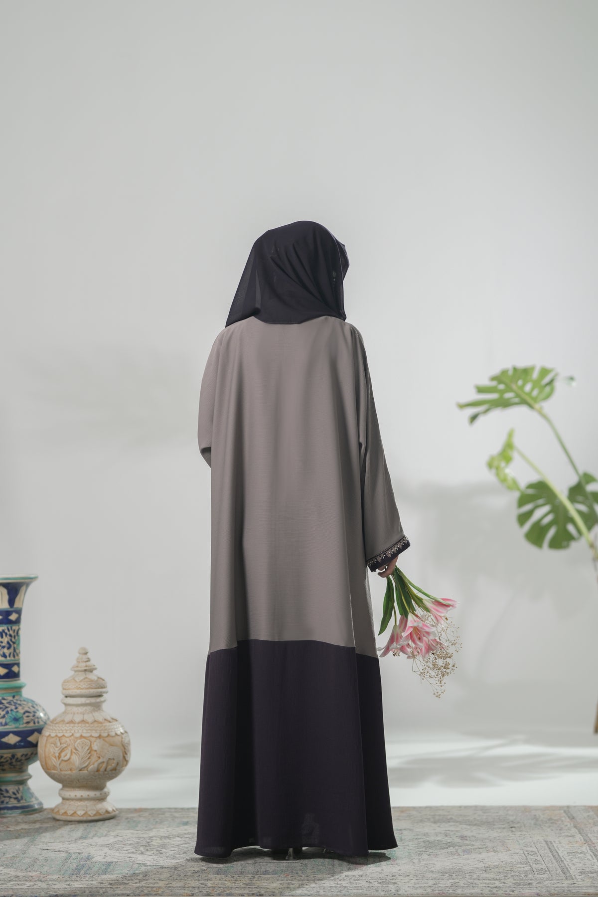 Purple and Grey Zoom Nida Premium Abaya with Embroidery