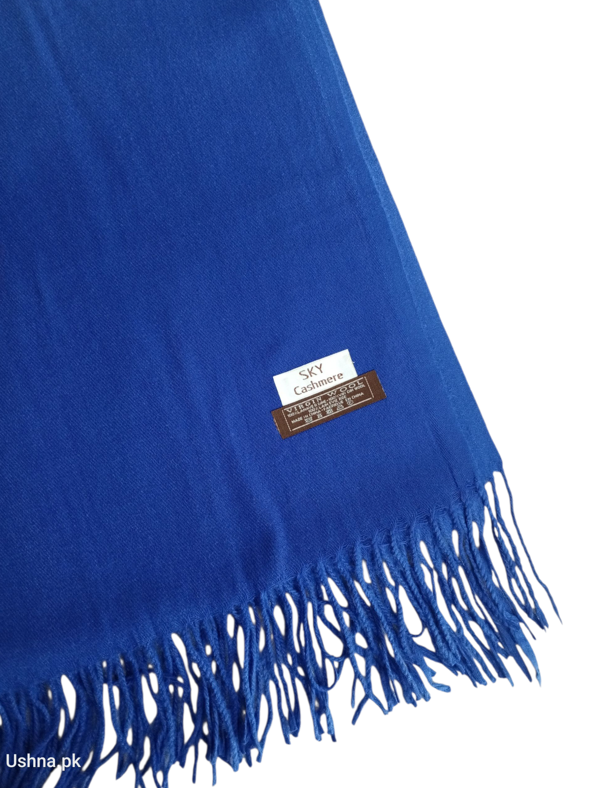 Blue Woolen Shawl with a brand label on a white background.