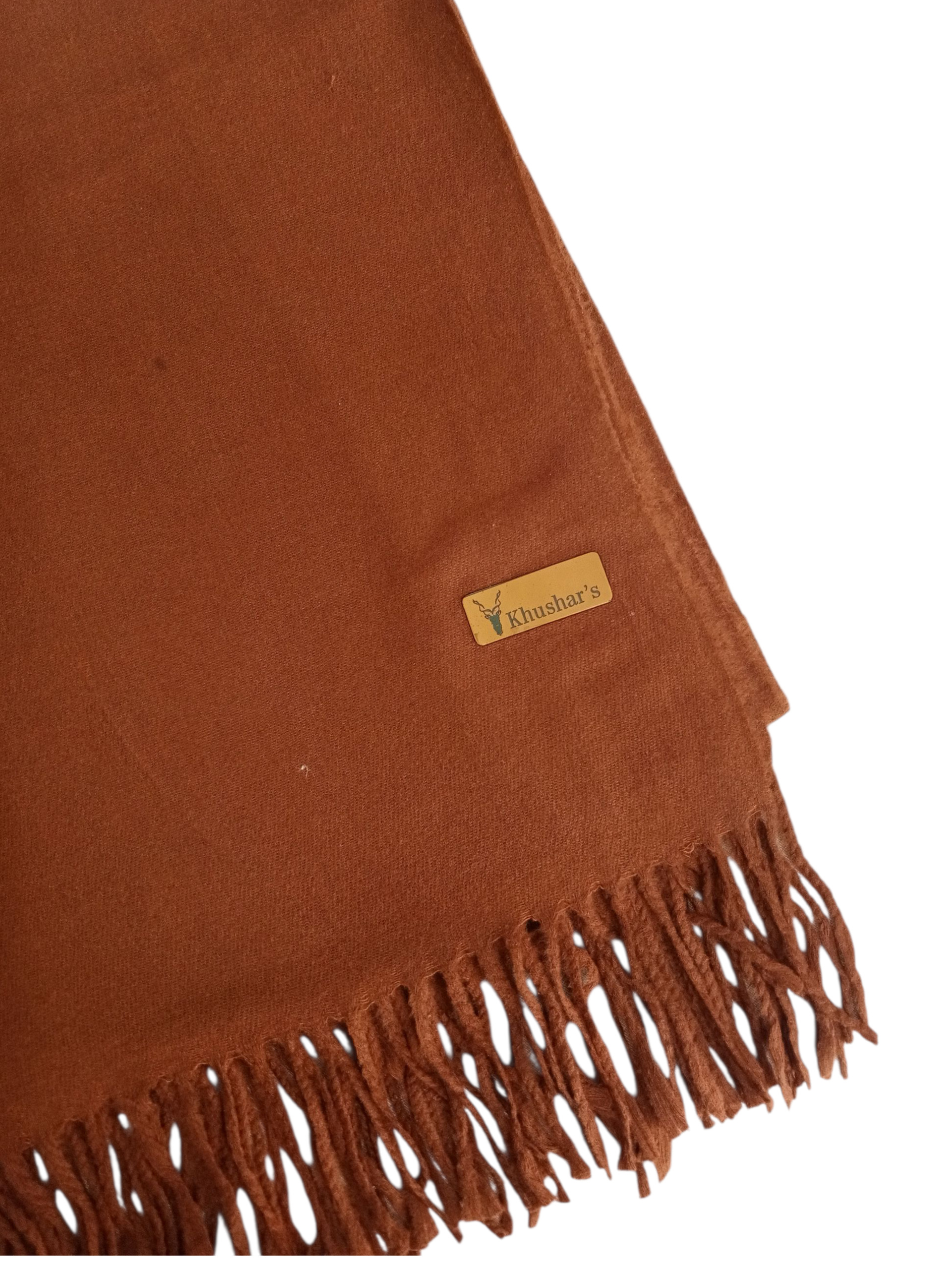 Woolen Brown Shawl with fringes and a brand label on a white background