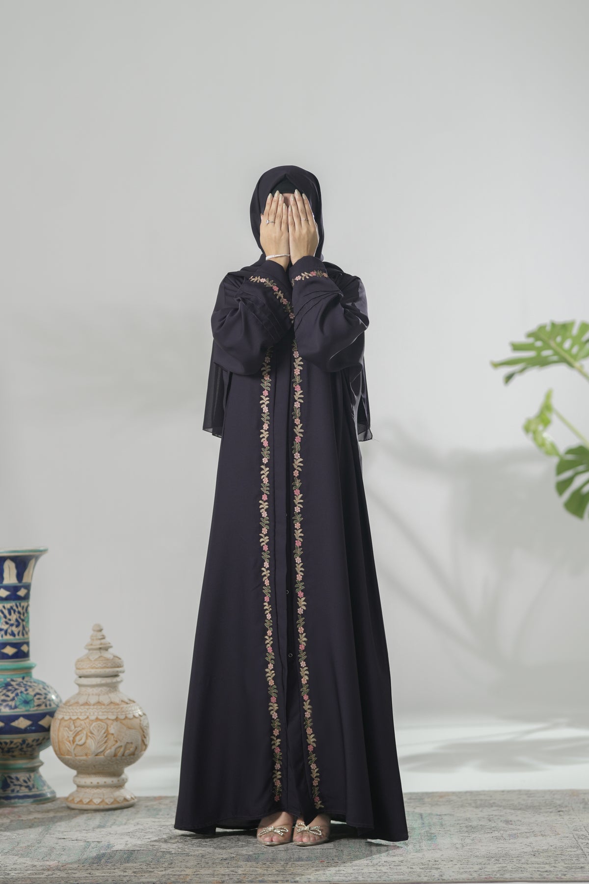 Deep purple embroidered nida abaya