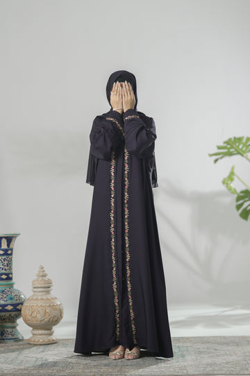 Deep purple embroidered nida abaya