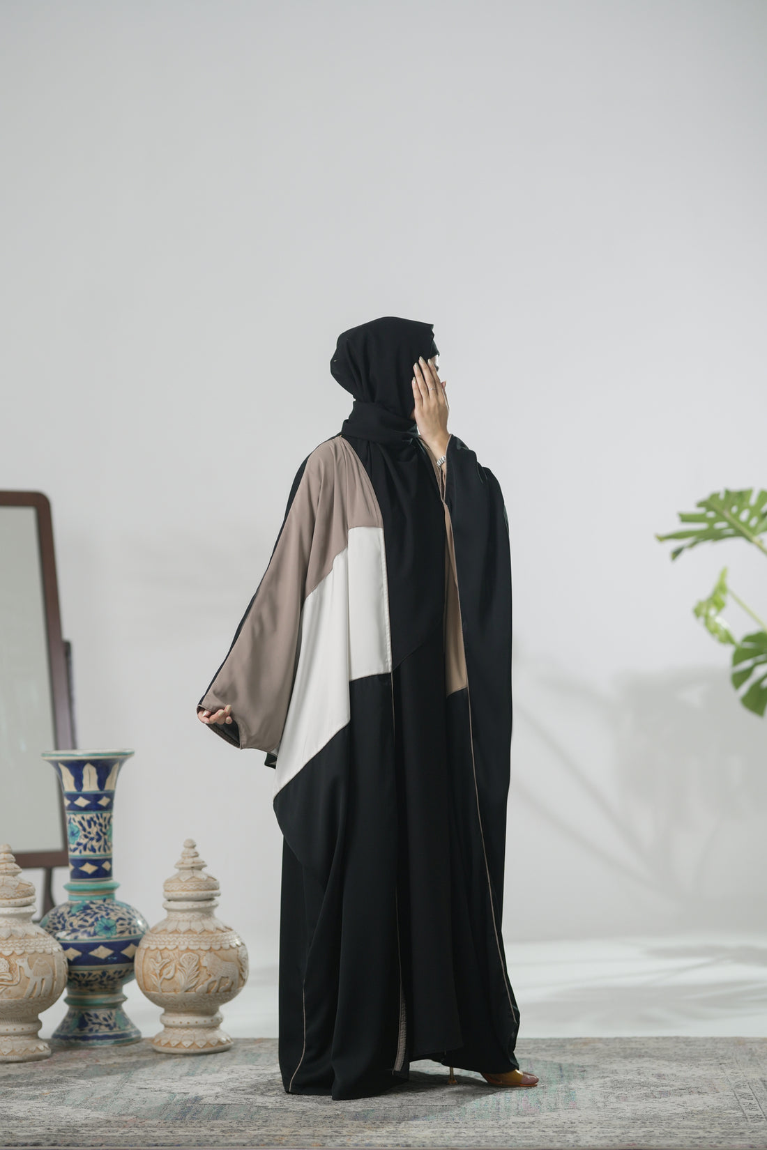 Model wearing Long Three tone Kaftan Abaya made in premium Nida Fabric