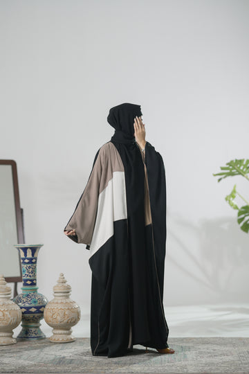 Model wearing Long Three tone Kaftan Abaya made in premium Nida Fabric