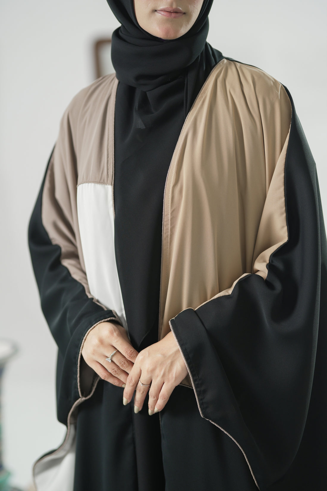 Model wearing Long Three tone Kaftan Abaya made in premium Nida Fabric