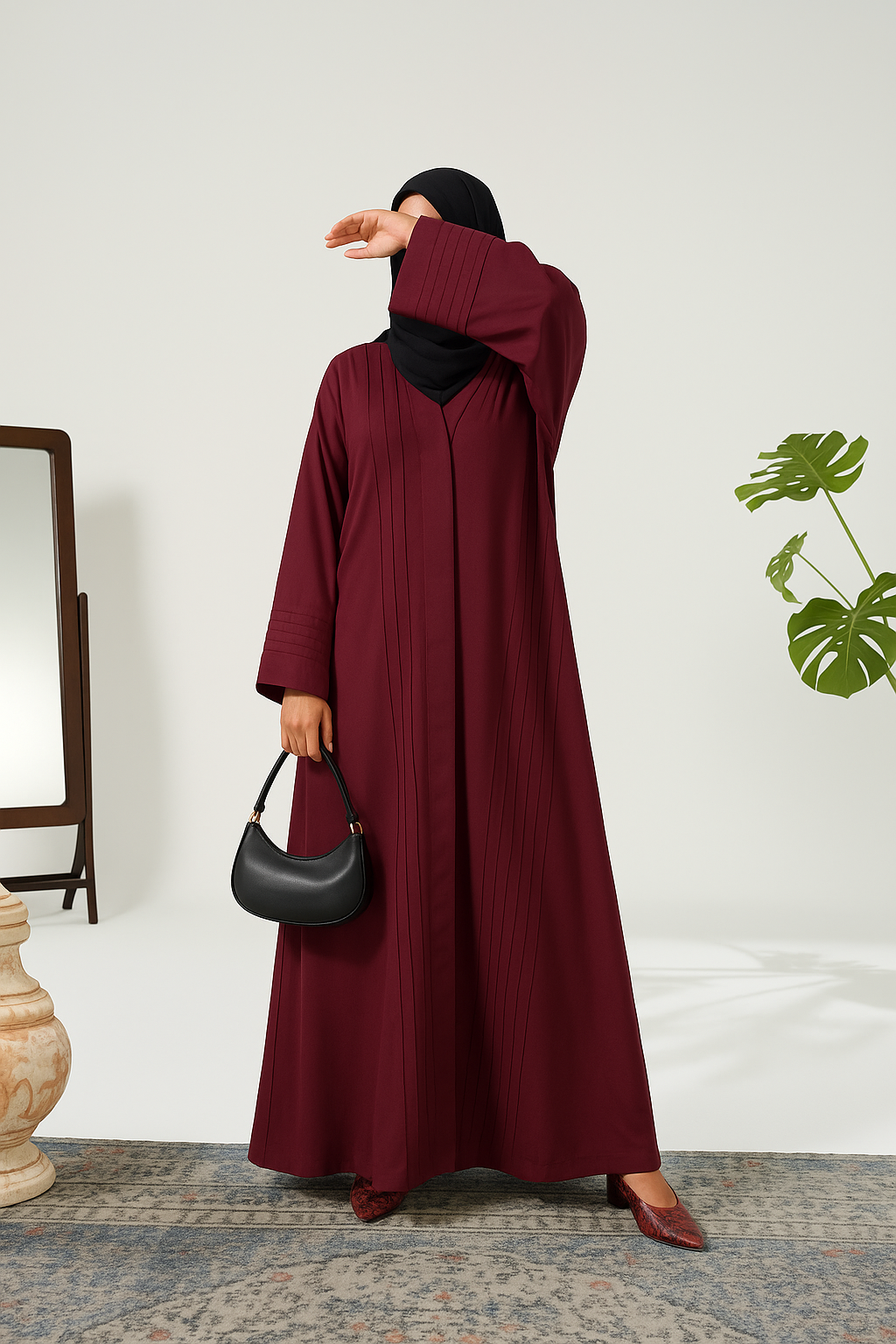 Maroon Nida Abaya for Women with Pleats – Premium Nidha Fabric, Lightweight and Elegant Design