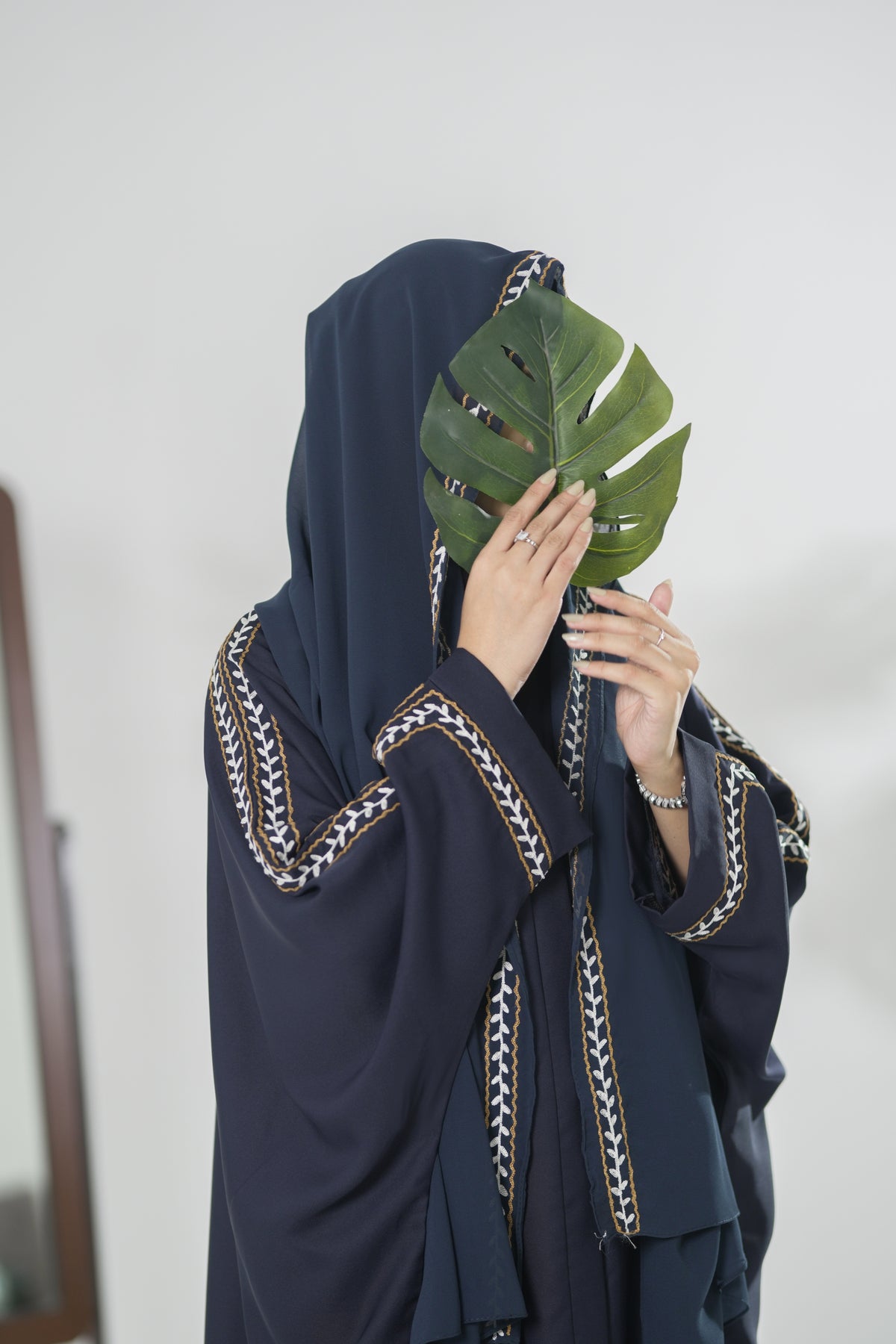 dark blue embroidered hijab and kaftan abaya made in premium nida fabric - 