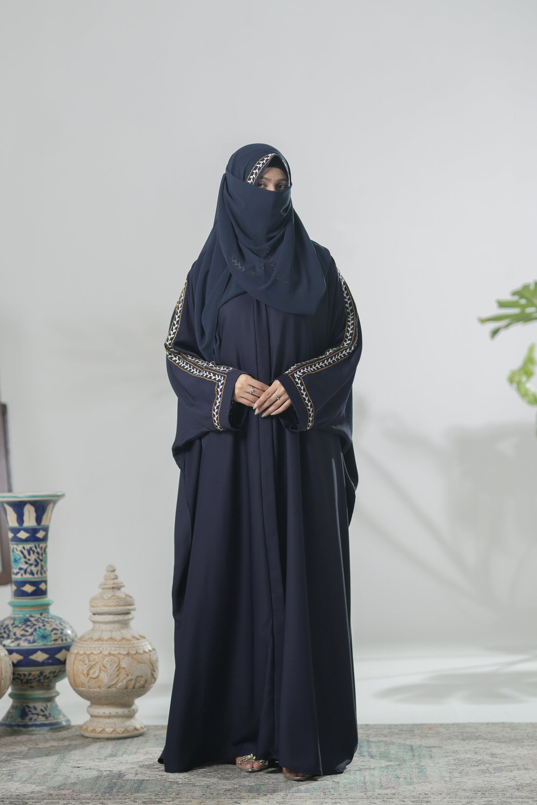 Navy Blue Kaftan - Premium Nida Kaftan Abaya with Embroidery-Everyday Modest Wear.