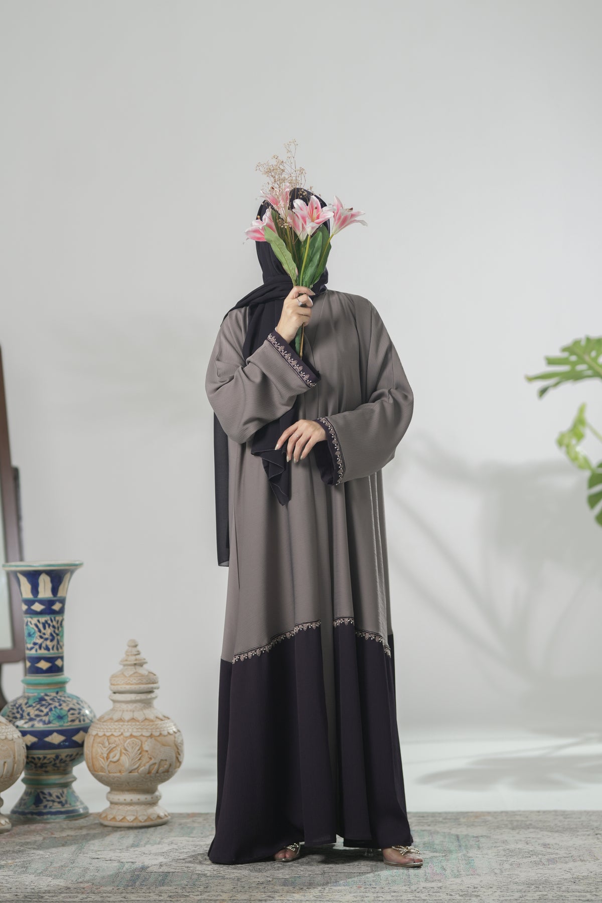 Purple and Grey Zoom Nida Premium Abaya with Hand Embroidery