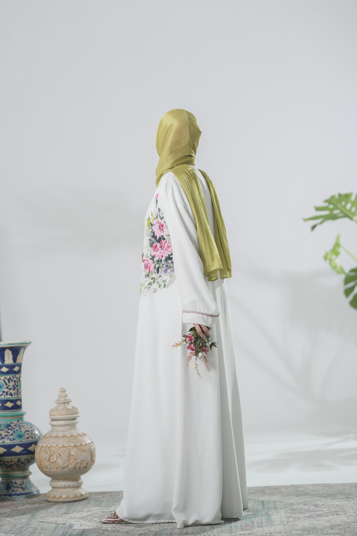 White Hand-Painted Shrug – Artistic Abstract Design, Hand-Painted Long Dress