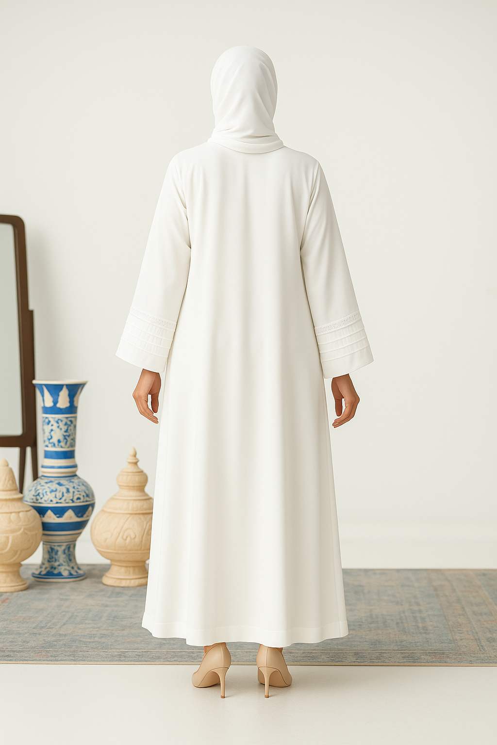 White Premium Nida Abaya - White Abaya with Pleats and Lace