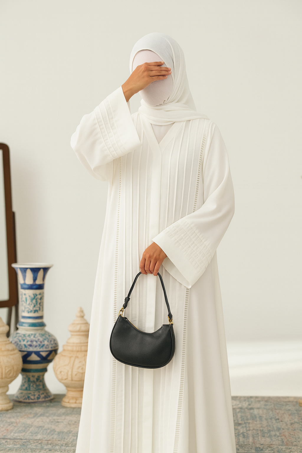 White Premium Nida Abaya - White Abaya with Pleats and Lace